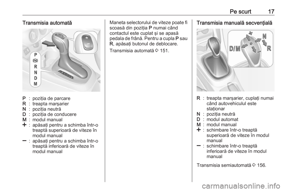 OPEL CORSA 2017  Manual de utilizare (in Romanian) Pe scurt17Transmisia automatăP:poziţia de parcareR:treapta marşarierN:poziţia neutrăD:poziţia de conducereM:modul manual<:apăsaţi pentru a schimba într-o
treaptă superioară de viteze în
mo