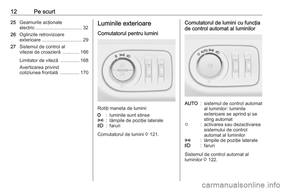 OPEL CORSA E 2018.5  Manual de utilizare (in Romanian) 12Pe scurt25Geamurile acţionate
electric ................................... 32
26 Oglinzile retrovizoare
exterioare .............................. 29
27 Sistemul de control al
vitezei de croazieră 