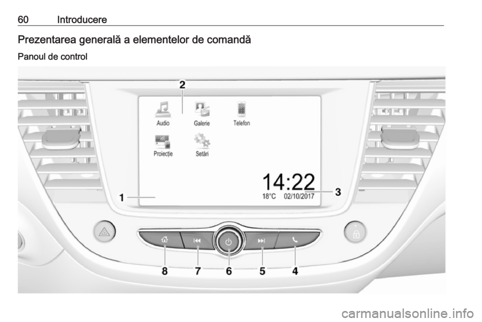 OPEL CROSSLAND X 2017.75 Manual pentru sistemul Infotainment (in Romanian) 60IntroducerePrezentarea generală a elementelor de comandăPanoul de control OPEL CROSSLAND X 2017.75 Manual pentru sistemul Infotainment (in Romanian) 60IntroducerePrezentarea generală a elementelor de comandăPanoul de control