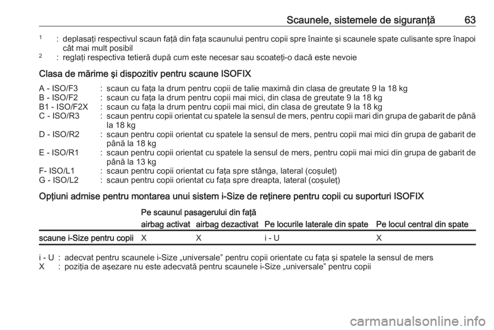OPEL CROSSLAND X 2017.75  Manual de utilizare (in Romanian) Scaunele, sistemele de siguranţă631:deplasaţi respectivul scaun faţă din faţa scaunului pentru copii spre înainte şi scaunele spate culisante spre înapoi
cât mai mult posibil2:reglaţi respe