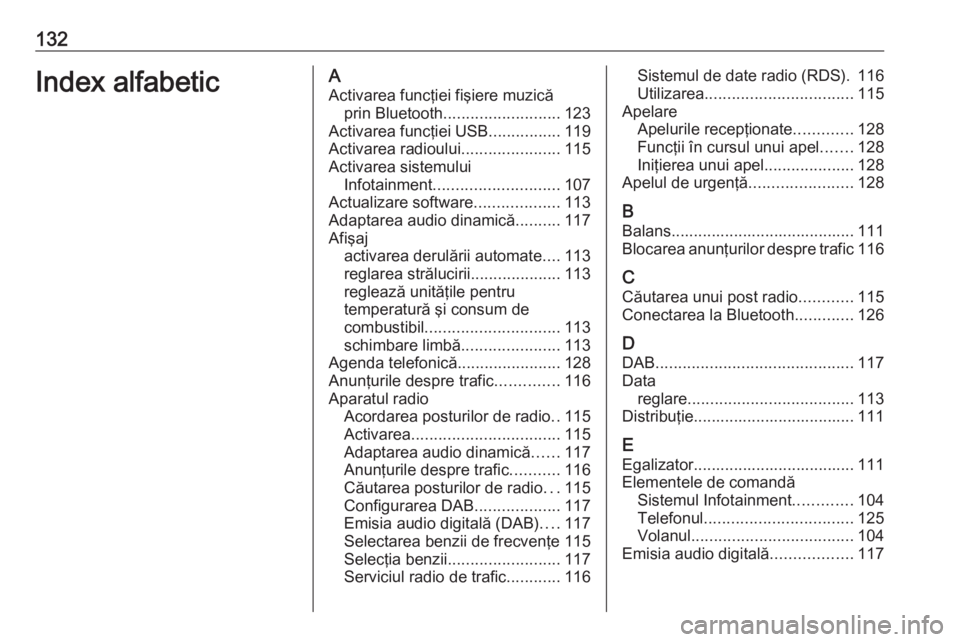 OPEL CROSSLAND X 2018 Manual pentru sistemul Infotainment (in Romanian) 132Index alfabeticAActivarea funcţiei fişiere muzică prin Bluetooth .......................... 123
Activarea funcţiei USB ................119
Activarea radioului ......................115
Activare OPEL CROSSLAND X 2018 Manual pentru sistemul Infotainment (in Romanian) 132Index alfabeticAActivarea funcţiei fişiere muzică prin Bluetooth .......................... 123
Activarea funcţiei USB ................119
Activarea radioului ......................115
Activare