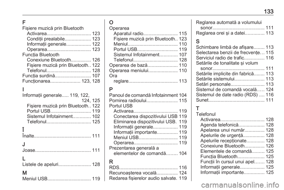 OPEL CROSSLAND X 2018 Manual pentru sistemul Infotainment (in Romanian) 133F
Fişiere muzică prin Bluetooth Activarea ................................. 123
Condiţii prealabile ...................123
Informaţii generale ..................122
Operarea ................... OPEL CROSSLAND X 2018 Manual pentru sistemul Infotainment (in Romanian) 133F
Fişiere muzică prin Bluetooth Activarea ................................. 123
Condiţii prealabile ...................123
Informaţii generale ..................122
Operarea ...................