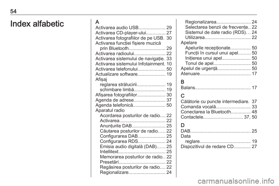 OPEL CROSSLAND X 2018  Manual pentru sistemul Infotainment (in Romanian) 54Index alfabeticAActivarea audio USB ....................29
Activarea CD-player-ului............... 27
Activarea fotografiilor de pe USB. 30
Activarea funcţiei fişiere muzică prin Bluetooth ......