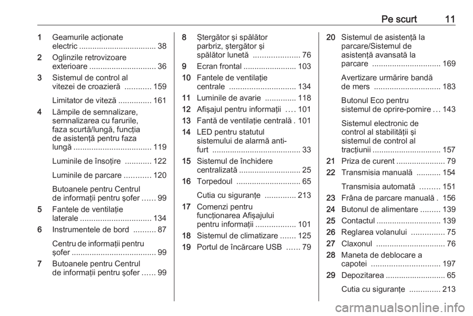 OPEL CROSSLAND X 2018  Manual de utilizare (in Romanian) Pe scurt111Geamurile acţionate
electric ................................... 38
2 Oglinzile retrovizoare
exterioare .............................. 36
3 Sistemul de control al
vitezei de croazieră  ..