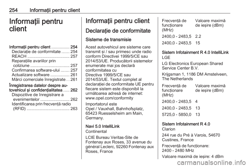 OPEL CROSSLAND X 2018 Manual de utilizare (in Romanian) 254Informaţii pentru clientInformaţii pentru
clientInformaţii pentru client ...............254
Declaraţie de conformitate ......254
REACH .................................... 257
Reparaţiile avar OPEL CROSSLAND X 2018 Manual de utilizare (in Romanian) 254Informaţii pentru clientInformaţii pentru
clientInformaţii pentru client ...............254
Declaraţie de conformitate ......254
REACH .................................... 257
Reparaţiile avar