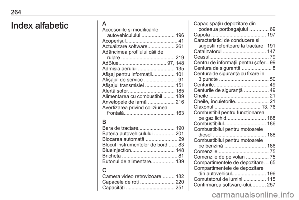 OPEL CROSSLAND X 2018 Manual de utilizare (in Romanian) 264Index alfabeticAAccesoriile şi modificările autovehiculului .......................196
Acoperişul ..................................... 41
Actualizare software ...................261
Adâncimea OPEL CROSSLAND X 2018 Manual de utilizare (in Romanian) 264Index alfabeticAAccesoriile şi modificările autovehiculului .......................196
Acoperişul ..................................... 41
Actualizare software ...................261
Adâncimea