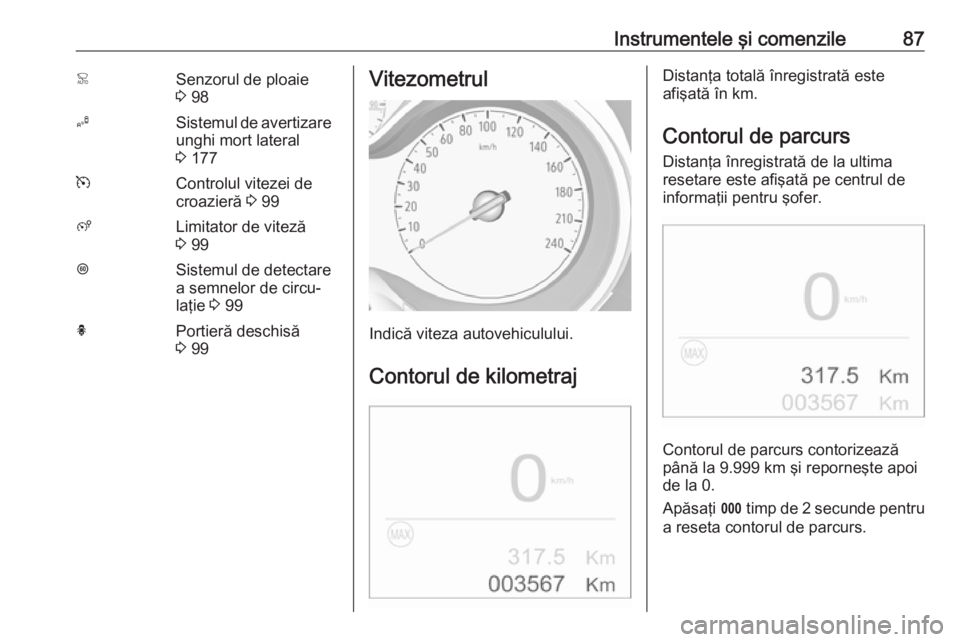 OPEL CROSSLAND X 2018  Manual de utilizare (in Romanian) Instrumentele şi comenzile87<Senzorul de ploaie
3  98BSistemul de avertizare
unghi mort lateral
3  177mControlul vitezei de
croazieră  3 99ßLimitator de viteză
3  99LSistemul de detectare
a semnel