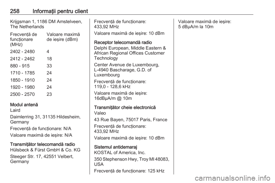 OPEL CROSSLAND X 2018.5  Manual de utilizare (in Romanian) 258Informaţii pentru clientKrijgsman 1, 1186 DM Amstelveen,
The NetherlandsFrecvenţă de
funcţionare
(MHz)Valoare maximă
de ieşire (dBm)2402 - 248042412 - 246218880 - 915331710 - 1785241850 - 191
