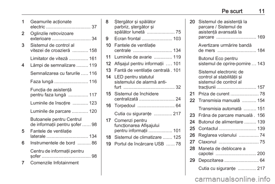 OPEL CROSSLAND X 2019  Manual de utilizare (in Romanian) Pe scurt111Geamurile acţionate
electric ................................... 37
2 Oglinzile retrovizoare
exterioare .............................. 34
3 Sistemul de control al
vitezei de croazieră  ..