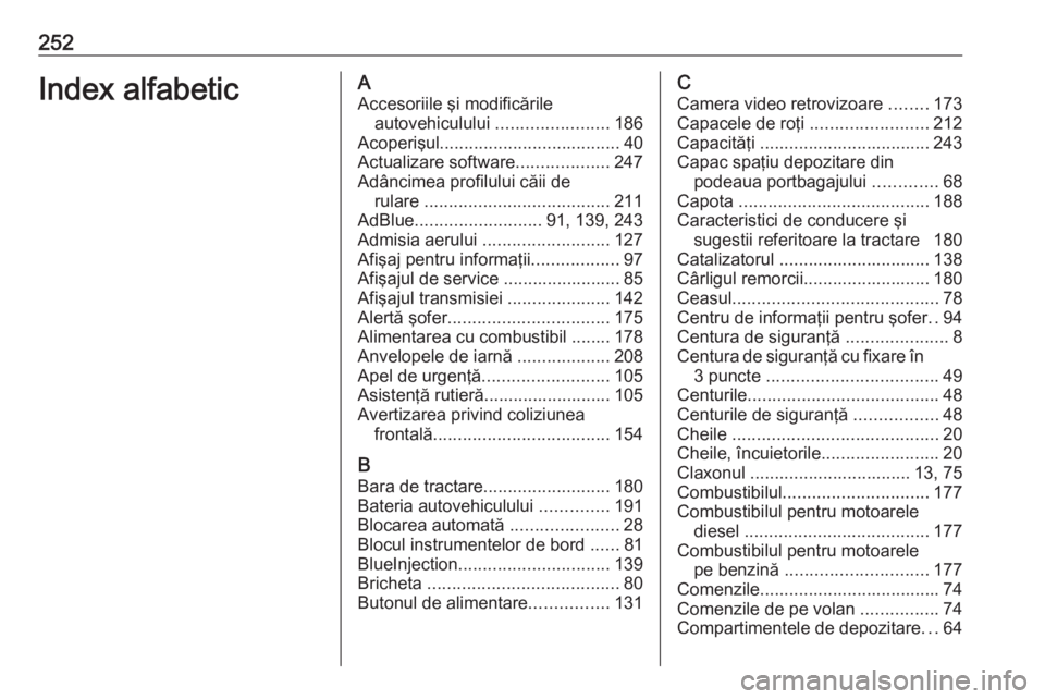 OPEL CROSSLAND X 2020  Manual de utilizare (in Romanian) 252Index alfabeticAAccesoriile şi modificările autovehiculului  .......................186
Acoperişul ..................................... 40
Actualizare software ...................247
Adâncimea