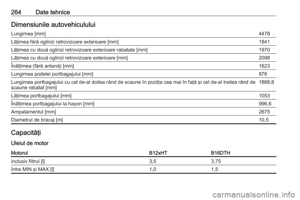 OPEL GRANDLAND X 2018  Manual de utilizare (in Romanian) 264Date tehniceDimensiunile autovehicululuiLungimea [mm]4478Lăţimea fără oglinzi retrovizoare exterioare [mm]1841Lăţimea cu două oglinzi retrovizoare exterioare rabatate [mm]1970Lăţimea cu do