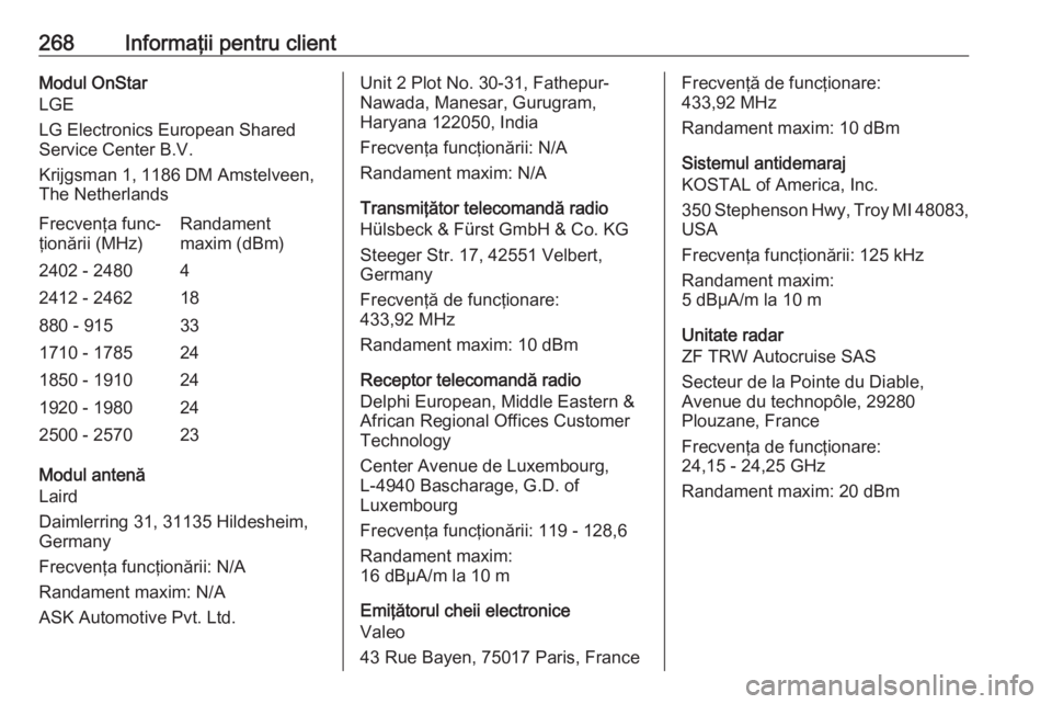 OPEL GRANDLAND X 2018  Manual de utilizare (in Romanian) 268Informaţii pentru clientModul OnStar
LGE
LG Electronics European Shared
Service Center B.V.
Krijgsman 1, 1186 DM Amstelveen,
The NetherlandsFrecvenţa func‐
ţionării (MHz)Randament
maxim (dBm)