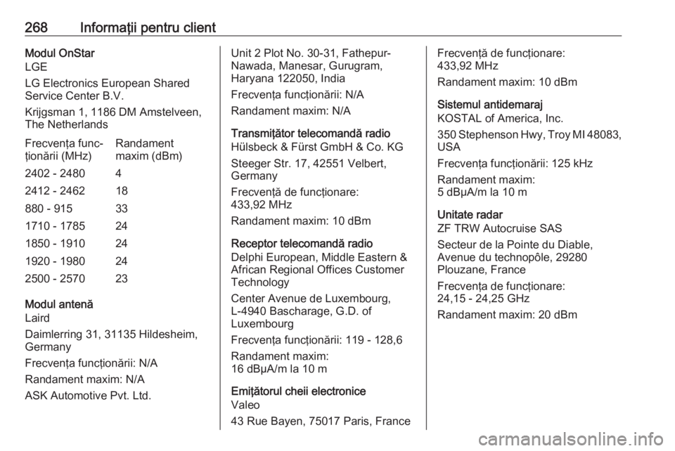 OPEL GRANDLAND X 2018 Manual de utilizare (in Romanian) 268Informaţii pentru clientModul OnStar
LGE
LG Electronics European Shared
Service Center B.V.
Krijgsman 1, 1186 DM Amstelveen,
The NetherlandsFrecvenţa func‐
ţionării (MHz)Randament
maxim (dBm) OPEL GRANDLAND X 2018 Manual de utilizare (in Romanian) 268Informaţii pentru clientModul OnStar
LGE
LG Electronics European Shared
Service Center B.V.
Krijgsman 1, 1186 DM Amstelveen,
The NetherlandsFrecvenţa func‐
ţionării (MHz)Randament
maxim (dBm)