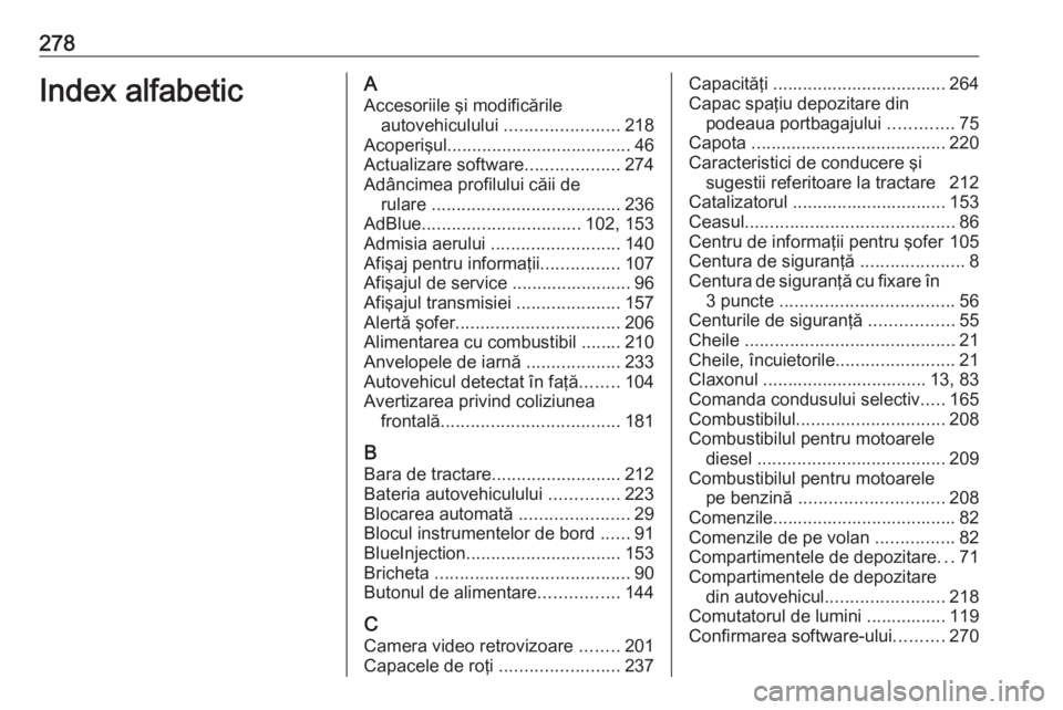 OPEL GRANDLAND X 2018 Manual de utilizare (in Romanian) 278Index alfabeticAAccesoriile şi modificările autovehiculului .......................218
Acoperişul ..................................... 46
Actualizare software ...................274
Adâncimea OPEL GRANDLAND X 2018 Manual de utilizare (in Romanian) 278Index alfabeticAAccesoriile şi modificările autovehiculului .......................218
Acoperişul ..................................... 46
Actualizare software ...................274
Adâncimea