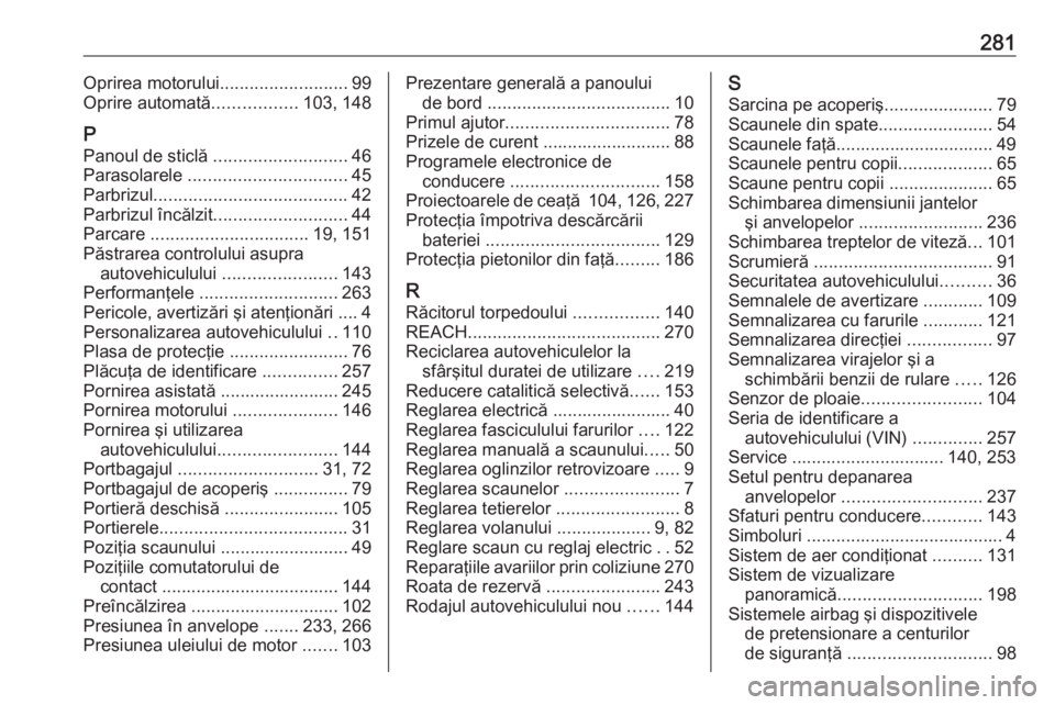 OPEL GRANDLAND X 2018  Manual de utilizare (in Romanian) 281Oprirea motorului..........................99
Oprire automată .................103, 148
P Panoul de sticlă  ........................... 46
Parasolarele  ................................ 45
Parbri