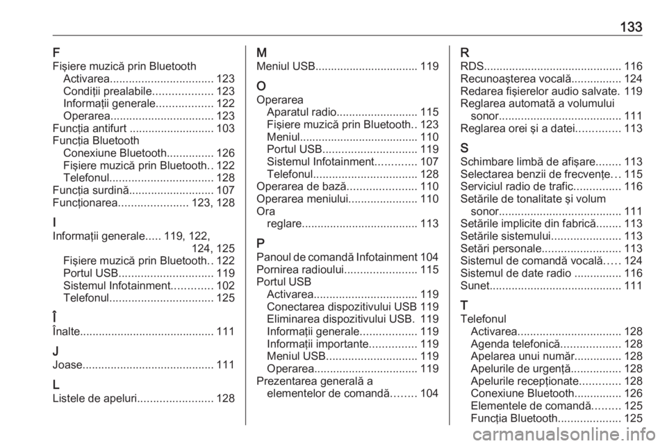 OPEL GRANDLAND X 2018.5  Manual pentru sistemul Infotainment (in Romanian) 133F
Fişiere muzică prin Bluetooth Activarea ................................. 123
Condiţii prealabile ...................123
Informaţii generale ..................122
Operarea ...................