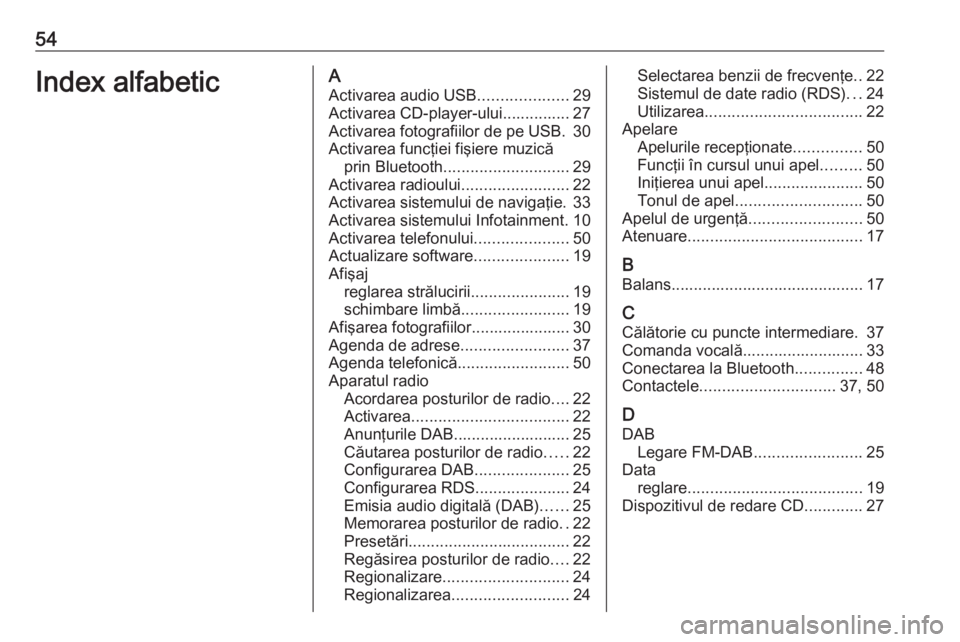 OPEL GRANDLAND X 2018.5  Manual pentru sistemul Infotainment (in Romanian) 54Index alfabeticAActivarea audio USB ....................29
Activarea CD-player-ului............... 27
Activarea fotografiilor de pe USB. 30
Activarea funcţiei fişiere muzică prin Bluetooth ......