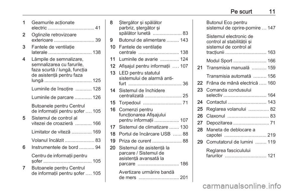 OPEL GRANDLAND X 2018.5  Manual de utilizare (in Romanian) Pe scurt111Geamurile acţionate
electric ................................... 41
2 Oglinzile retrovizoare
exterioare .............................. 39
3 Fantele de ventilaţie
laterale ................