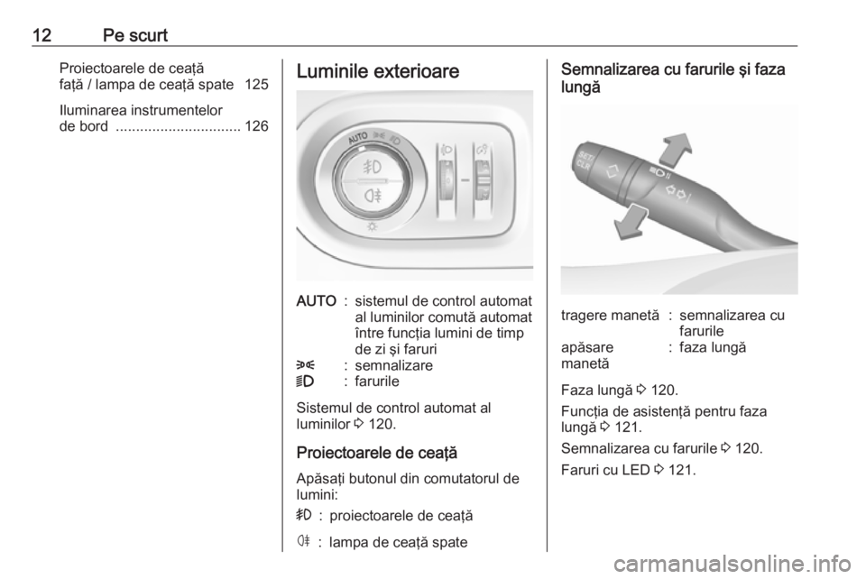 OPEL GRANDLAND X 2018.5  Manual de utilizare (in Romanian) 12Pe scurtProiectoarele de ceaţă
faţă / lampa de ceaţă spate  125
Iluminarea instrumentelor
de bord  ............................... 126Luminile exterioareAUTO:sistemul de control automat
al lum