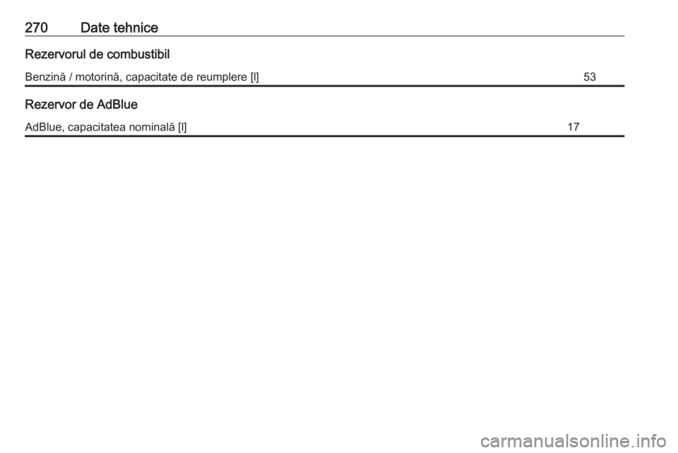 OPEL GRANDLAND X 2018.5  Manual de utilizare (in Romanian) 270Date tehniceRezervorul de combustibilBenzină / motorină, capacitate de reumplere [l]53
Rezervor de AdBlue
AdBlue, capacitatea nominală [l]17 