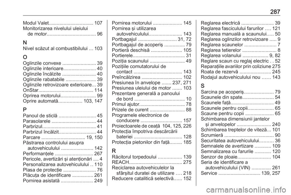 OPEL GRANDLAND X 2018.5  Manual de utilizare (in Romanian) 287Modul Valet................................. 107
Monitorizarea nivelului uleiului de motor .................................... 96
N Nivel scăzut al combustibilului  ...103
O Oglinzile convexe  ..