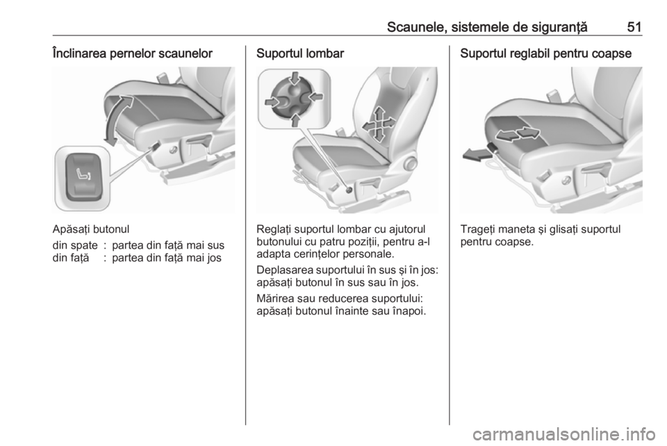 OPEL GRANDLAND X 2018.5  Manual de utilizare (in Romanian) Scaunele, sistemele de siguranţă51Înclinarea pernelor scaunelor
Apăsaţi butonul
din spate:partea din faţă mai susdin faţă:partea din faţă mai josSuportul lombar
Reglaţi suportul lombar cu 