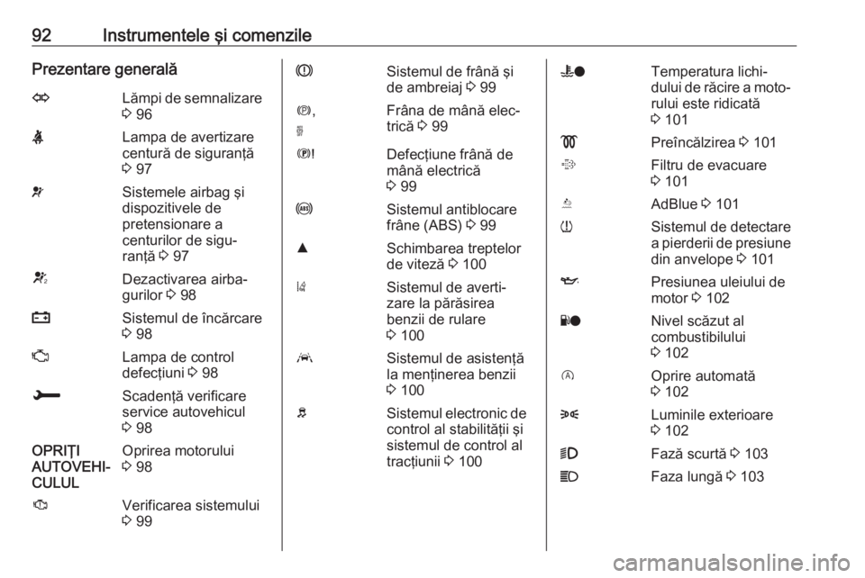 OPEL GRANDLAND X 2018.75  Manual de utilizare (in Romanian) 92Instrumentele şi comenzilePrezentare generalăOLămpi de semnalizare
3  96XLampa de avertizare
centură de siguranţă
3  97vSistemele airbag şi
dispozitivele de
pretensionare a
centurilor de sigu