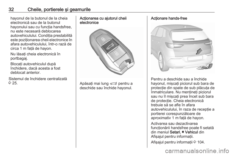OPEL GRANDLAND X 2019.75  Manual de utilizare (in Romanian) 32Cheile, portierele şi geamurilehayonul de la butonul de la cheia
electronică sau de la butonul
hayonului sau cu funcţia handsfree,
nu este necesară deblocarea
autovehiculului. Condiţia prestabi