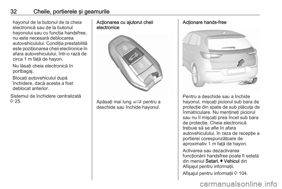 OPEL GRANDLAND X 2019.75 Manual de utilizare (in Romanian) 32Cheile, portierele şi geamurilehayonul de la butonul de la cheia
electronică sau de la butonul
hayonului sau cu funcţia handsfree,
nu este necesară deblocarea
autovehiculului. Condiţia prestabi OPEL GRANDLAND X 2019.75 Manual de utilizare (in Romanian) 32Cheile, portierele şi geamurilehayonul de la butonul de la cheia
electronică sau de la butonul
hayonului sau cu funcţia handsfree,
nu este necesară deblocarea
autovehiculului. Condiţia prestabi