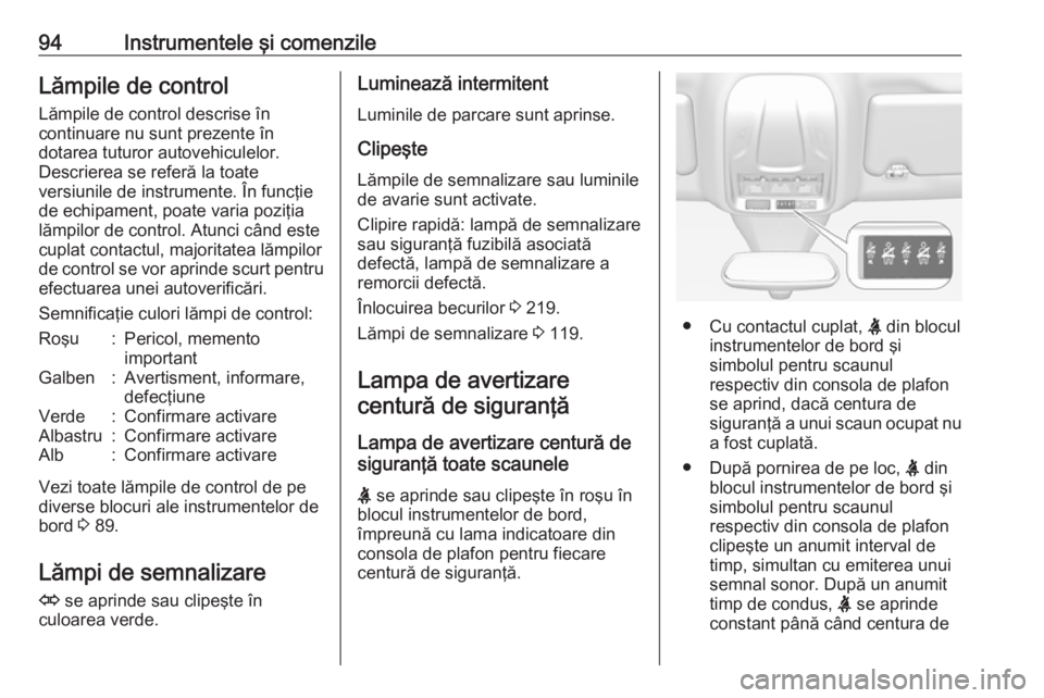 OPEL GRANDLAND X 2019.75 Manual de utilizare (in Romanian) 94Instrumentele şi comenzileLămpile de controlLămpile de control descrise în
continuare nu sunt prezente în
dotarea tuturor autovehiculelor.
Descrierea se referă la toate
versiunile de instrumen OPEL GRANDLAND X 2019.75 Manual de utilizare (in Romanian) 94Instrumentele şi comenzileLămpile de controlLămpile de control descrise în
continuare nu sunt prezente în
dotarea tuturor autovehiculelor.
Descrierea se referă la toate
versiunile de instrumen