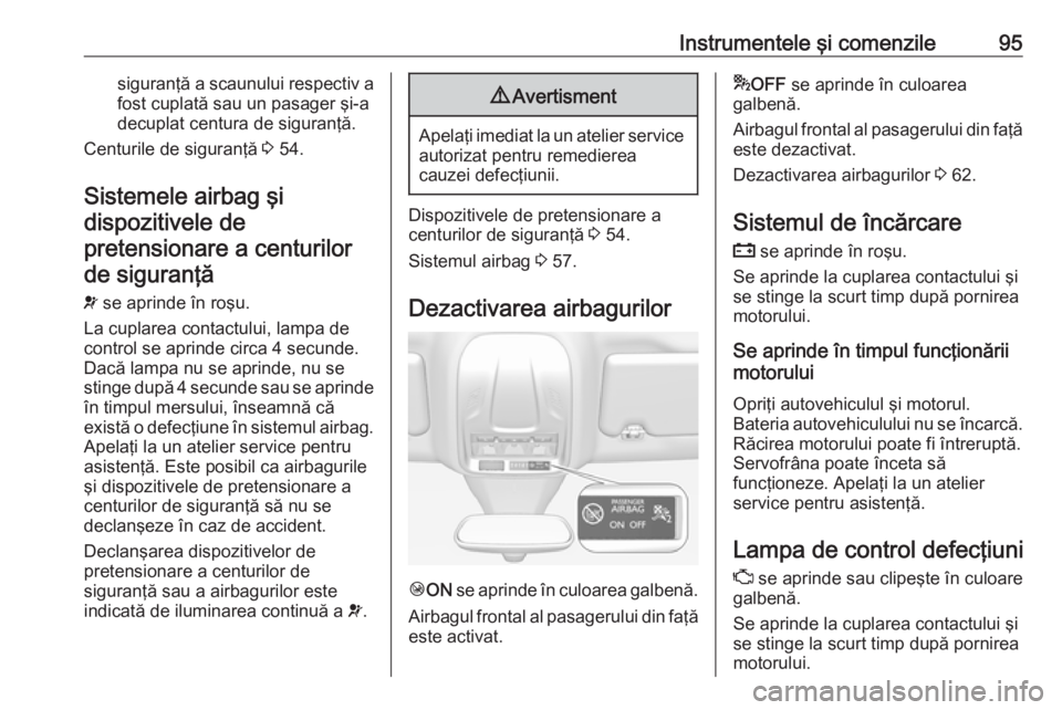 OPEL GRANDLAND X 2019.75  Manual de utilizare (in Romanian) Instrumentele şi comenzile95siguranţă a scaunului respectiv afost cuplată sau un pasager şi-a
decuplat centura de siguranţă.
Centurile de siguranţă  3 54.
Sistemele airbag şi
dispozitivele d