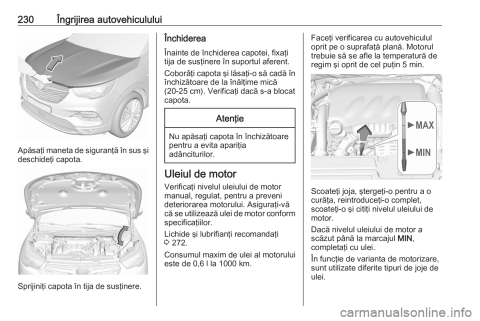OPEL GRANDLAND X 2020  Manual de utilizare (in Romanian) 230Îngrijirea autovehiculului
Apăsaţi maneta de siguranţă în sus şi
deschideţi capota.
Sprijiniţi capota în tija de susţinere.
Închiderea
Înainte de închiderea capotei, fixaţi
tija de s