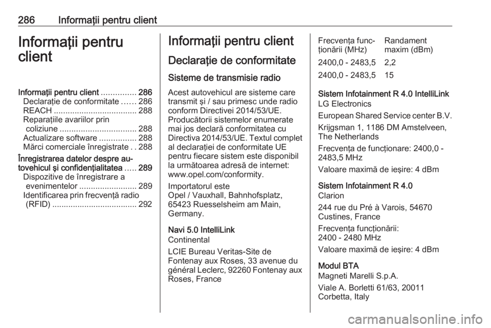 OPEL GRANDLAND X 2020 Manual de utilizare (in Romanian) 286Informaţii pentru clientInformaţii pentru
clientInformaţii pentru client ...............286
Declaraţie de conformitate ......286
REACH .................................... 288
Reparaţiile avar OPEL GRANDLAND X 2020 Manual de utilizare (in Romanian) 286Informaţii pentru clientInformaţii pentru
clientInformaţii pentru client ...............286
Declaraţie de conformitate ......286
REACH .................................... 288
Reparaţiile avar