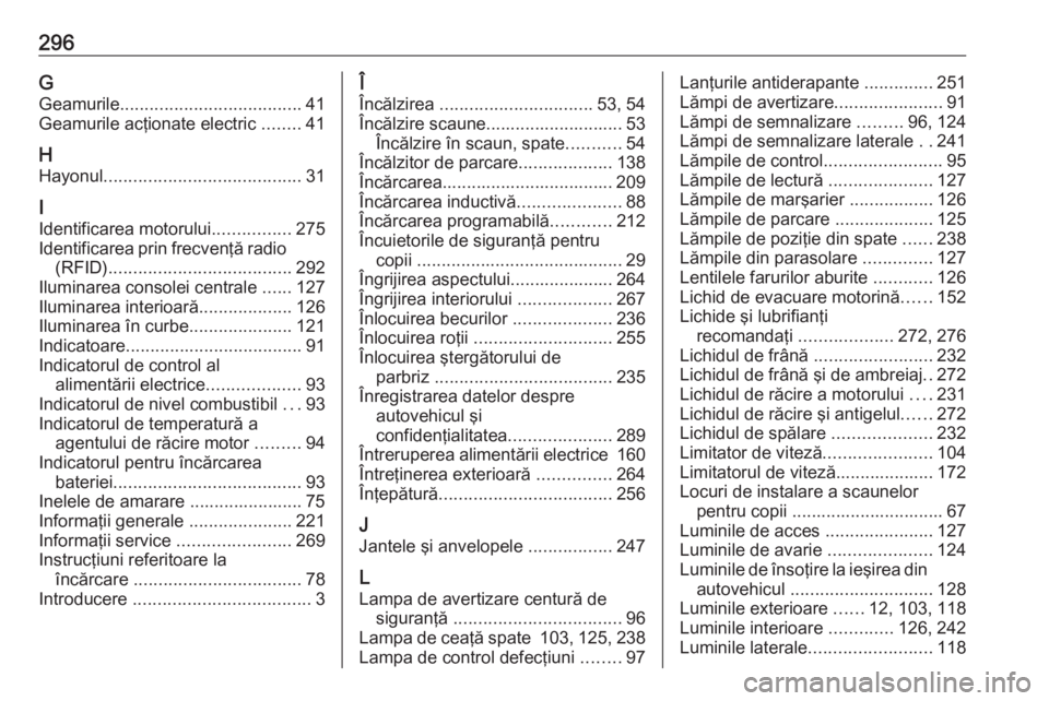 OPEL GRANDLAND X 2020  Manual de utilizare (in Romanian) 296GGeamurile ..................................... 41
Geamurile acţionate electric  ........41
H
Hayonul ........................................ 31
I Identificarea motorului ................275
Ide