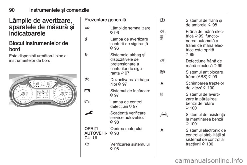 OPEL GRANDLAND X 2020  Manual de utilizare (in Romanian) 90Instrumentele şi comenzileLămpile de avertizare,
aparatele de măsură şi
indicatoarele
Blocul instrumentelor debord
Este disponibil următorul bloc al
instrumentelor de bord:Prezentare generală