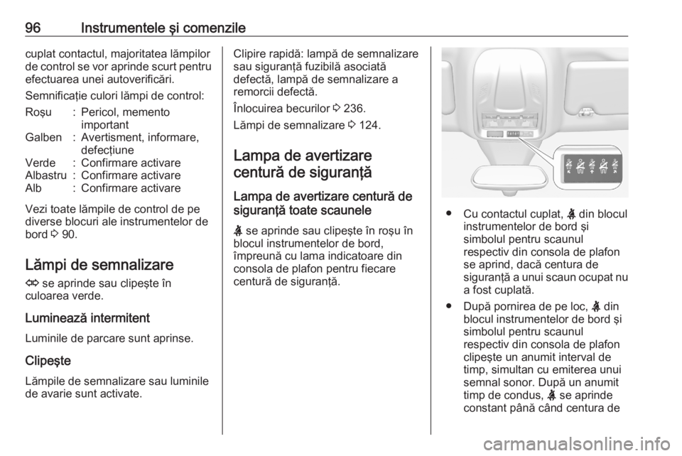 OPEL GRANDLAND X 2020 Manual de utilizare (in Romanian) 96Instrumentele şi comenzilecuplat contactul, majoritatea lămpilor
de control se vor aprinde scurt pentru
efectuarea unei autoverificări.
Semnificaţie culori lămpi de control:Roşu:Pericol, memen OPEL GRANDLAND X 2020 Manual de utilizare (in Romanian) 96Instrumentele şi comenzilecuplat contactul, majoritatea lămpilor
de control se vor aprinde scurt pentru
efectuarea unei autoverificări.
Semnificaţie culori lămpi de control:Roşu:Pericol, memen