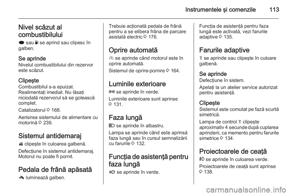 OPEL INSIGNIA 2014 Manual de utilizare (in Romanian) Instrumentele şi comenzile113Nivel scăzut al
combustibilului
i sau Y se aprind sau clipesc în
galben.
Se aprinde
Nivelul combustibilului din rezervor este scăzut.
Clipeşte
Combustibilul s-a epu OPEL INSIGNIA 2014 Manual de utilizare (in Romanian) Instrumentele şi comenzile113Nivel scăzut al
combustibilului
i sau Y se aprind sau clipesc în
galben.
Se aprinde
Nivelul combustibilului din rezervor este scăzut.
Clipeşte
Combustibilul s-a epu