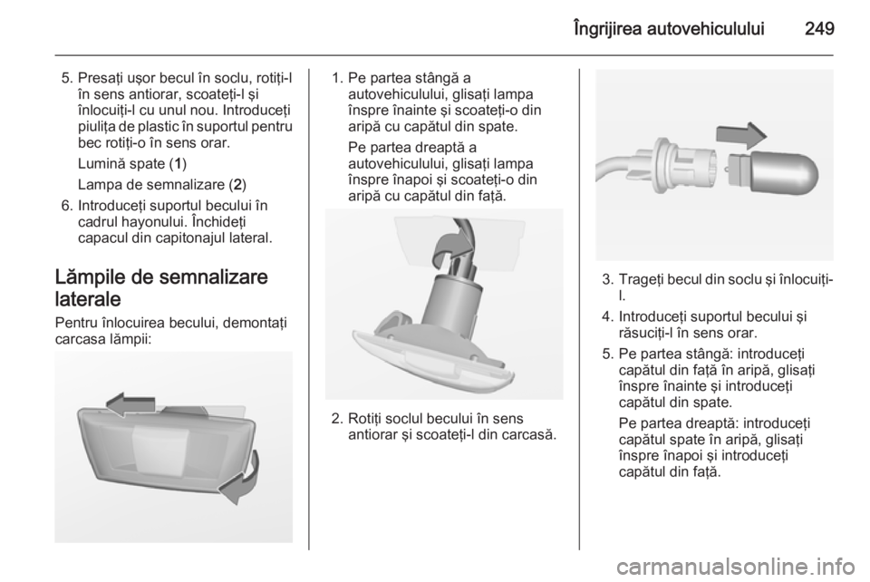 OPEL INSIGNIA 2014 Manual de utilizare (in Romanian) Îngrijirea autovehiculului249
5. Presaţi uşor becul în soclu, rotiţi-lîn sens antiorar, scoateţi-l şi
înlocuiţi-l cu unul nou. Introduceţi
piuliţa de plastic în suportul pentru
bec rotiţ OPEL INSIGNIA 2014 Manual de utilizare (in Romanian) Îngrijirea autovehiculului249
5. Presaţi uşor becul în soclu, rotiţi-lîn sens antiorar, scoateţi-l şi
înlocuiţi-l cu unul nou. Introduceţi
piuliţa de plastic în suportul pentru
bec rotiţ