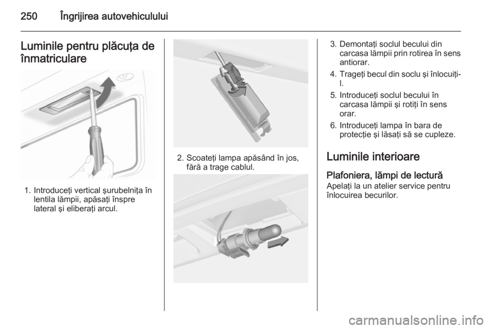 OPEL INSIGNIA 2014 Manual de utilizare (in Romanian) 250Îngrijirea autovehicululuiLuminile pentru plăcuţa deînmatriculare
1. Introduceţi vertical şurubelniţa în lentila lămpii, apăsaţi înspre
lateral şi eliberaţi arcul.
2. Scoateţi lampa OPEL INSIGNIA 2014 Manual de utilizare (in Romanian) 250Îngrijirea autovehicululuiLuminile pentru plăcuţa deînmatriculare
1. Introduceţi vertical şurubelniţa în lentila lămpii, apăsaţi înspre
lateral şi eliberaţi arcul.
2. Scoateţi lampa