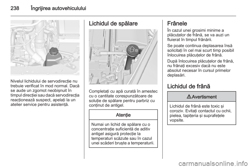 OPEL INSIGNIA 2015  Manual de utilizare (in Romanian) 238Îngrijirea autovehiculului
Nivelul lichidului de servodirecţie nu
trebuie verificat în mod normal. Dacă
se aude un zgomot neobişnuit în
timpul direcţiei sau dacă servodirecţia
reacţioneaz
