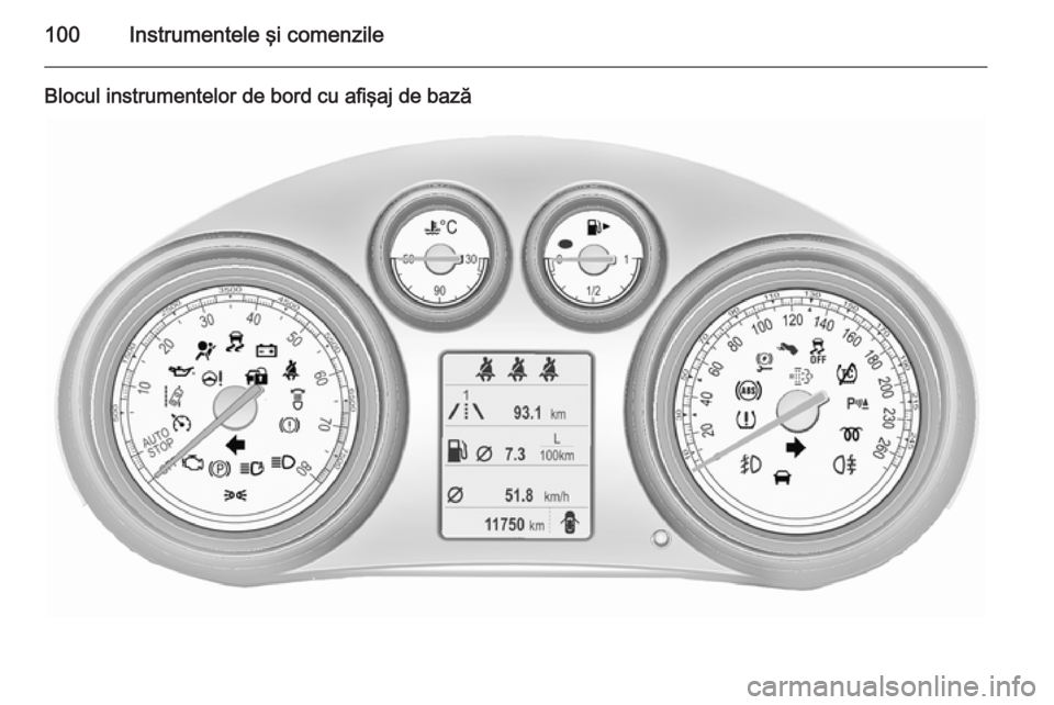 OPEL INSIGNIA 2015.5  Manual de utilizare (in Romanian) 100Instrumentele şi comenzile
Blocul instrumentelor de bord cu afişaj de bază 