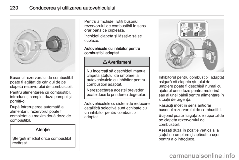 OPEL INSIGNIA 2015.5 Manual de utilizare (in Romanian) 230Conducerea şi utilizarea autovehiculului
Buşonul rezervorului de combustibil
poate fi agăţat de cârligul de pe
clapeta rezervorului de combustibil.
Pentru alimentarea cu combustibil,
introduce OPEL INSIGNIA 2015.5 Manual de utilizare (in Romanian) 230Conducerea şi utilizarea autovehiculului
Buşonul rezervorului de combustibil
poate fi agăţat de cârligul de pe
clapeta rezervorului de combustibil.
Pentru alimentarea cu combustibil,
introduce