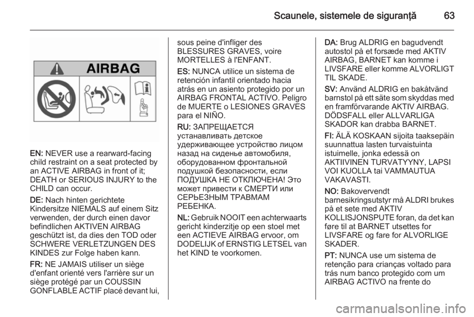 OPEL INSIGNIA 2015.5  Manual de utilizare (in Romanian) Scaunele, sistemele de siguranţă63
EN: NEVER use a rearward-facing
child restraint on a seat protected by
an ACTIVE AIRBAG in front of it;
DEATH or SERIOUS INJURY to the
CHILD can occur.
DE:  Nach h