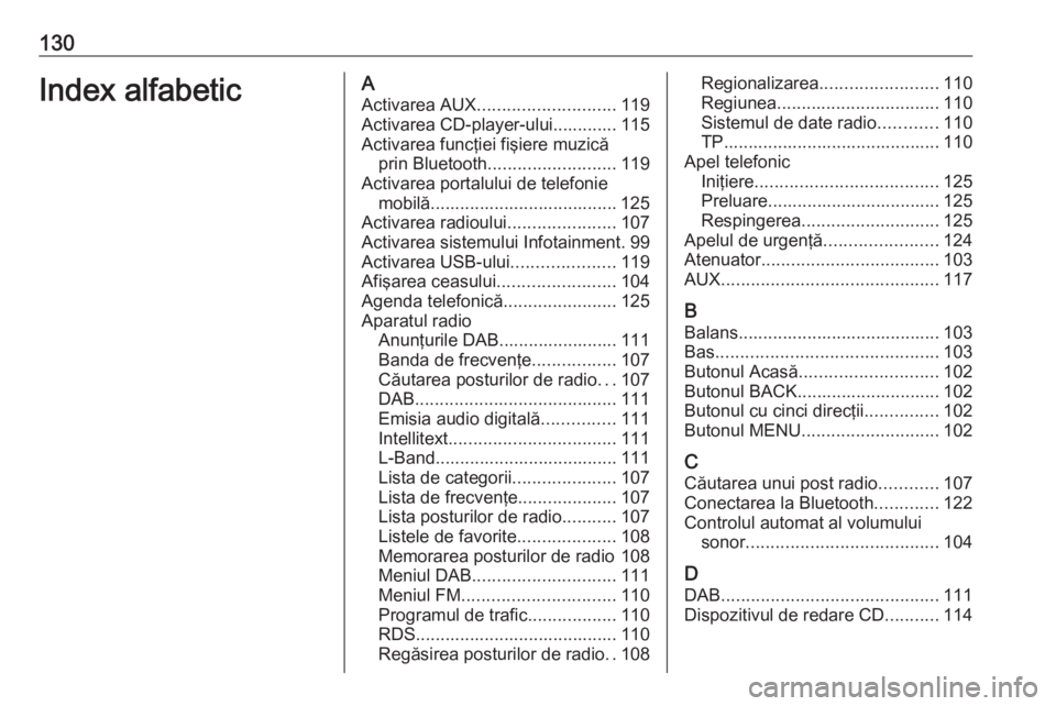 OPEL INSIGNIA 2016  Manual pentru sistemul Infotainment (in Romanian) 130Index alfabeticAActivarea AUX ............................ 119
Activarea CD-player-ului............. 115
Activarea funcţiei fişiere muzică prin Bluetooth .......................... 119
Activarea