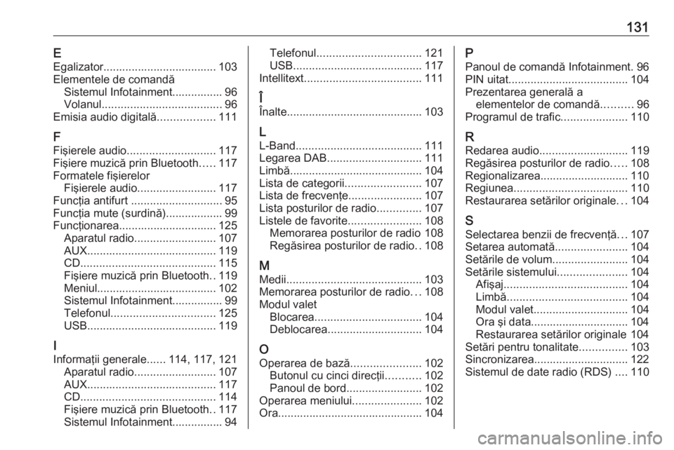 OPEL INSIGNIA 2016  Manual pentru sistemul Infotainment (in Romanian) 131EEgalizator.................................... 103
Elementele de comandă Sistemul Infotainment................ 96
Volanul ...................................... 96
Emisia audio digitală ........