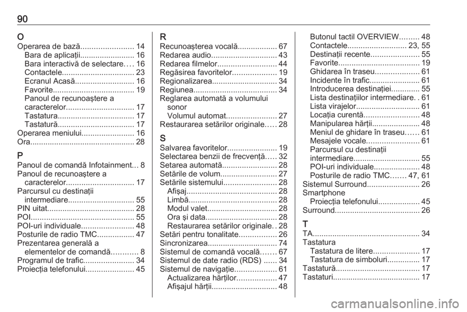 OPEL INSIGNIA 2016  Manual pentru sistemul Infotainment (in Romanian) 90O
Operarea de bază ........................14
Bara de aplicaţii......................... 16
Bara interactivă de selectare ....16
Contactele ................................. 23
Ecranul Acasă ...