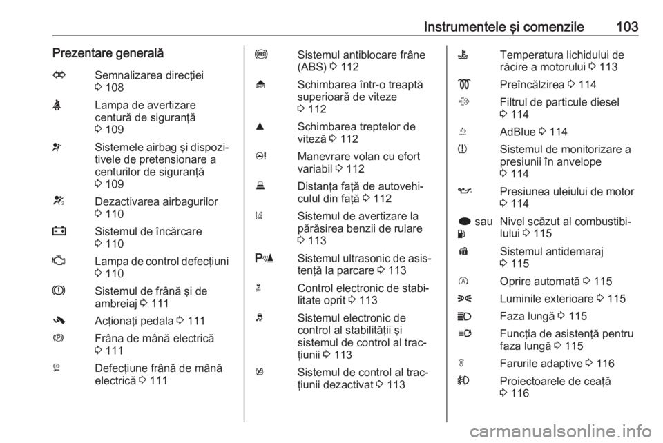 OPEL INSIGNIA 2016  Manual de utilizare (in Romanian) Instrumentele şi comenzile103Prezentare generalăOSemnalizarea direcţiei
3  108XLampa de avertizare
centură de siguranţă
3  109vSistemele airbag şi dispozi‐
tivele de pretensionare a
centurilo