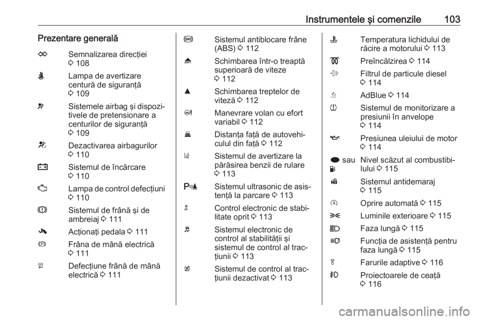 OPEL INSIGNIA 2016 Manual de utilizare (in Romanian) Instrumentele şi comenzile103Prezentare generalăOSemnalizarea direcţiei
3 108XLampa de avertizare
centură de siguranţă
3 109vSistemele airbag şi dispozi‐
tivele de pretensionare a
centurilo OPEL INSIGNIA 2016 Manual de utilizare (in Romanian) Instrumentele şi comenzile103Prezentare generalăOSemnalizarea direcţiei
3 108XLampa de avertizare
centură de siguranţă
3 109vSistemele airbag şi dispozi‐
tivele de pretensionare a
centurilo