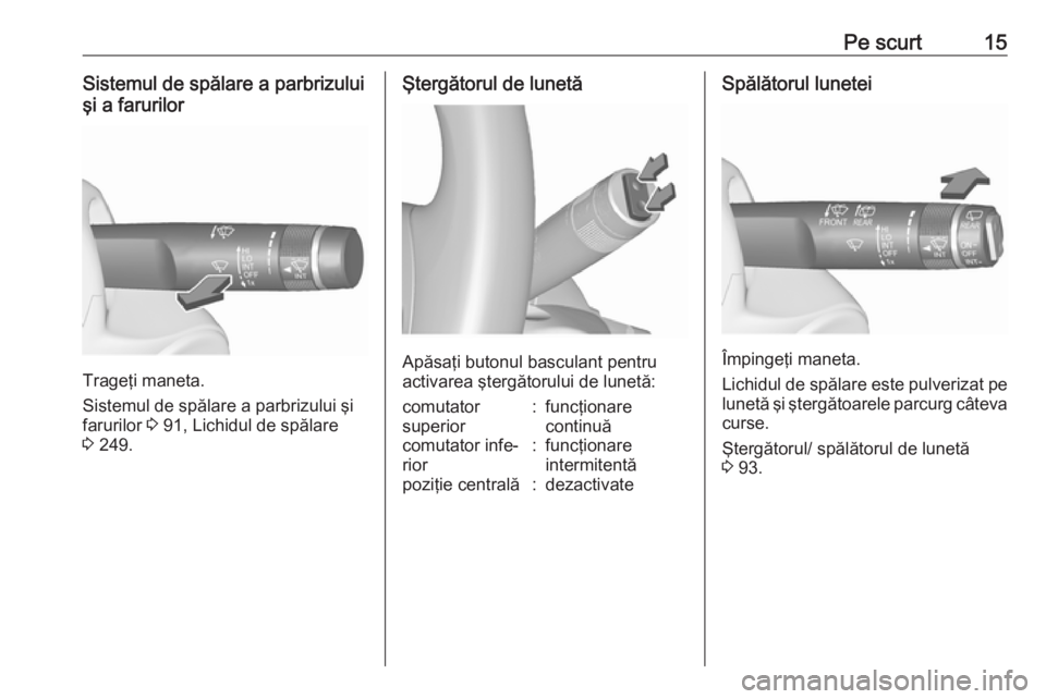 OPEL INSIGNIA 2016  Manual de utilizare (in Romanian) Pe scurt15Sistemul de spălare a parbrizului
şi a farurilor
Trageţi maneta.
Sistemul de spălare a parbrizului şi
farurilor  3 91, Lichidul de spălare
3  249.
Ştergătorul de lunetă
Apăsaţi bu