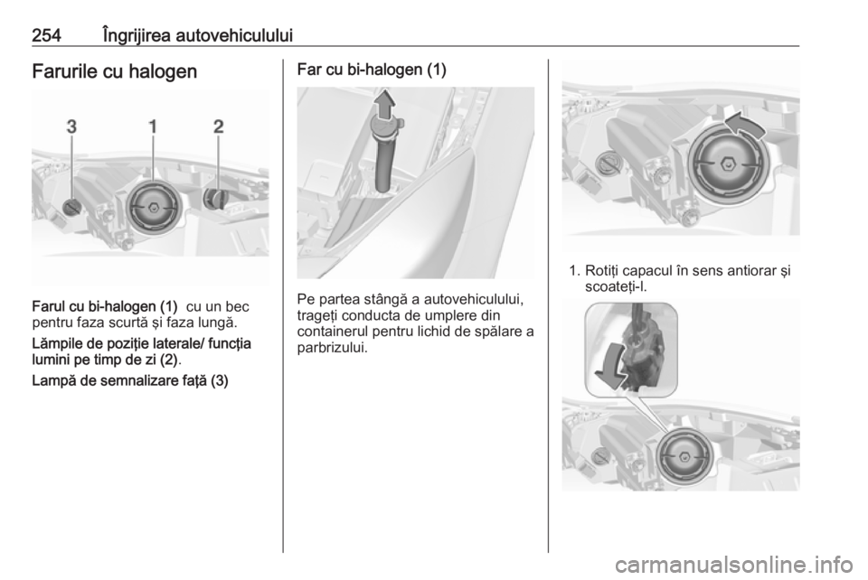 OPEL INSIGNIA 2016 Manual de utilizare (in Romanian) 254Îngrijirea autovehicululuiFarurile cu halogen
Farul cu bi-halogen (1) cu un bec
pentru faza scurtă şi faza lungă.
Lămpile de poziţie laterale/ funcţia
lumini pe timp de zi (2) .
Lampă de s OPEL INSIGNIA 2016 Manual de utilizare (in Romanian) 254Îngrijirea autovehicululuiFarurile cu halogen
Farul cu bi-halogen (1) cu un bec
pentru faza scurtă şi faza lungă.
Lămpile de poziţie laterale/ funcţia
lumini pe timp de zi (2) .
Lampă de s